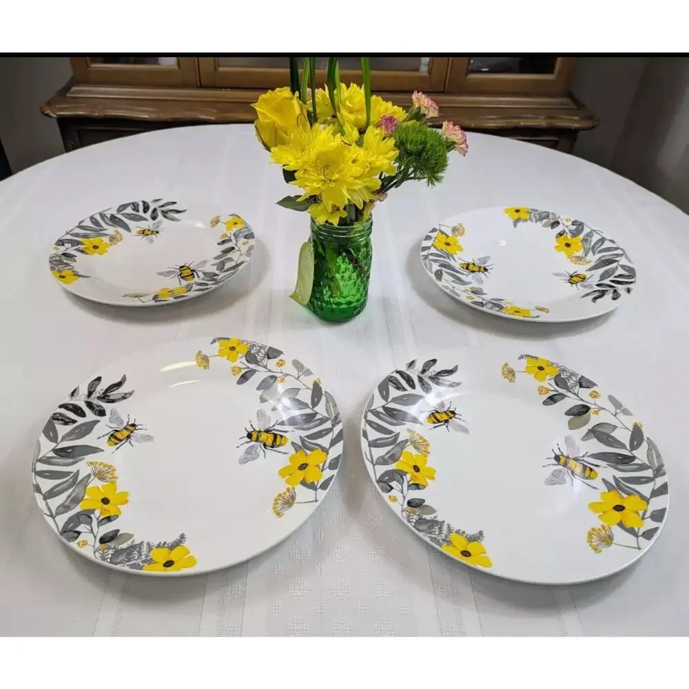4 + Set Royal Norfolk Ceramic Bee Dinner Plates Floral Yellow White Spring 10.5